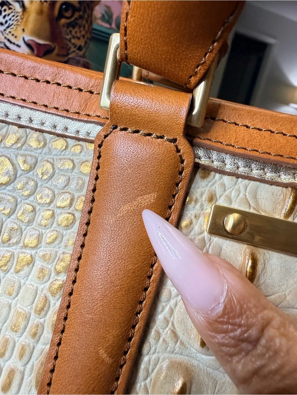 Brahmin Cream Croc-Embossed Satchel with Tan Trim